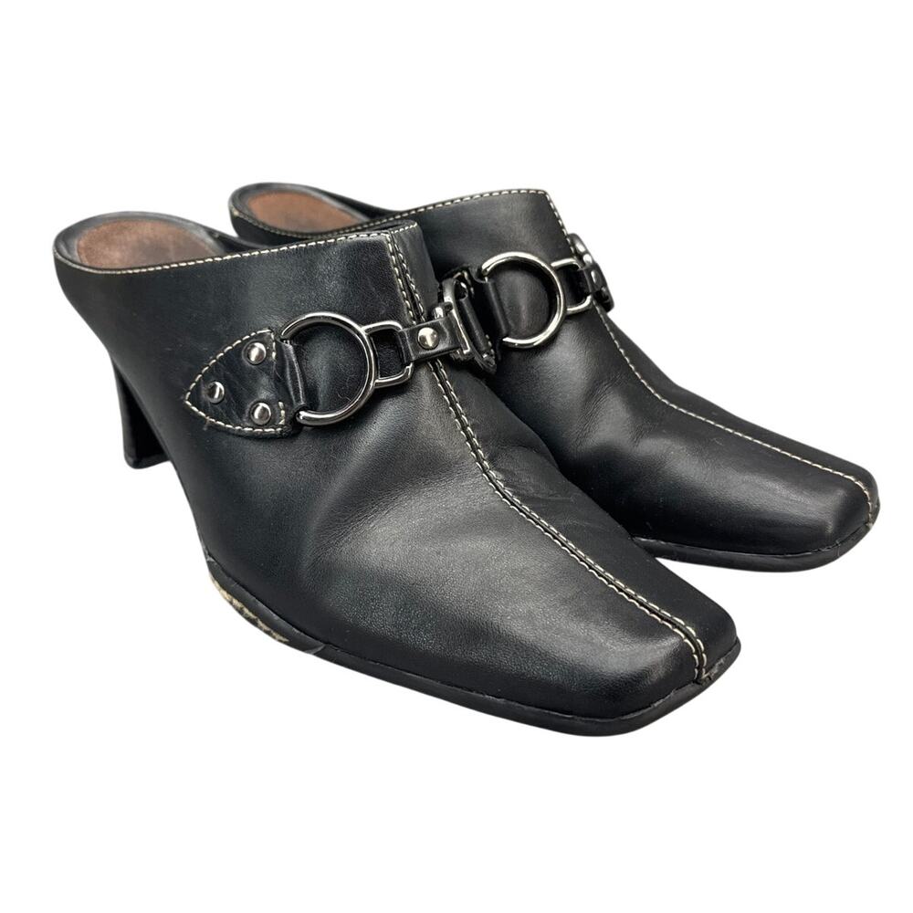 Aerosoles Black Leather Buckle Slip On Heel Mule Women 8B
